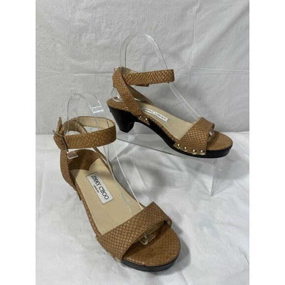 Authentic JIMMY CHOO Leather Snake Embossed Tan and Brown Wood heel size 37 - Picture 13 of 15